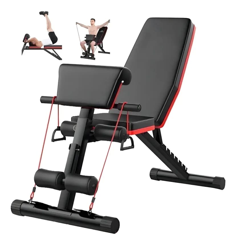 Banco Abdominal Plegable Negro con Respaldo Ajustable 7 Posiciones y Bandas Elásticas