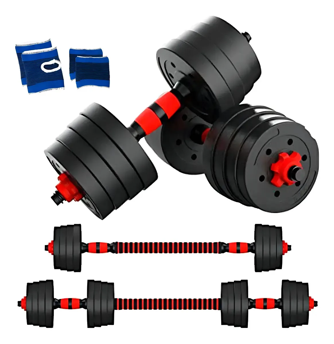 Set Mancuernas Ajustables 20kg Importación con Barra Extensible y Discos Negros